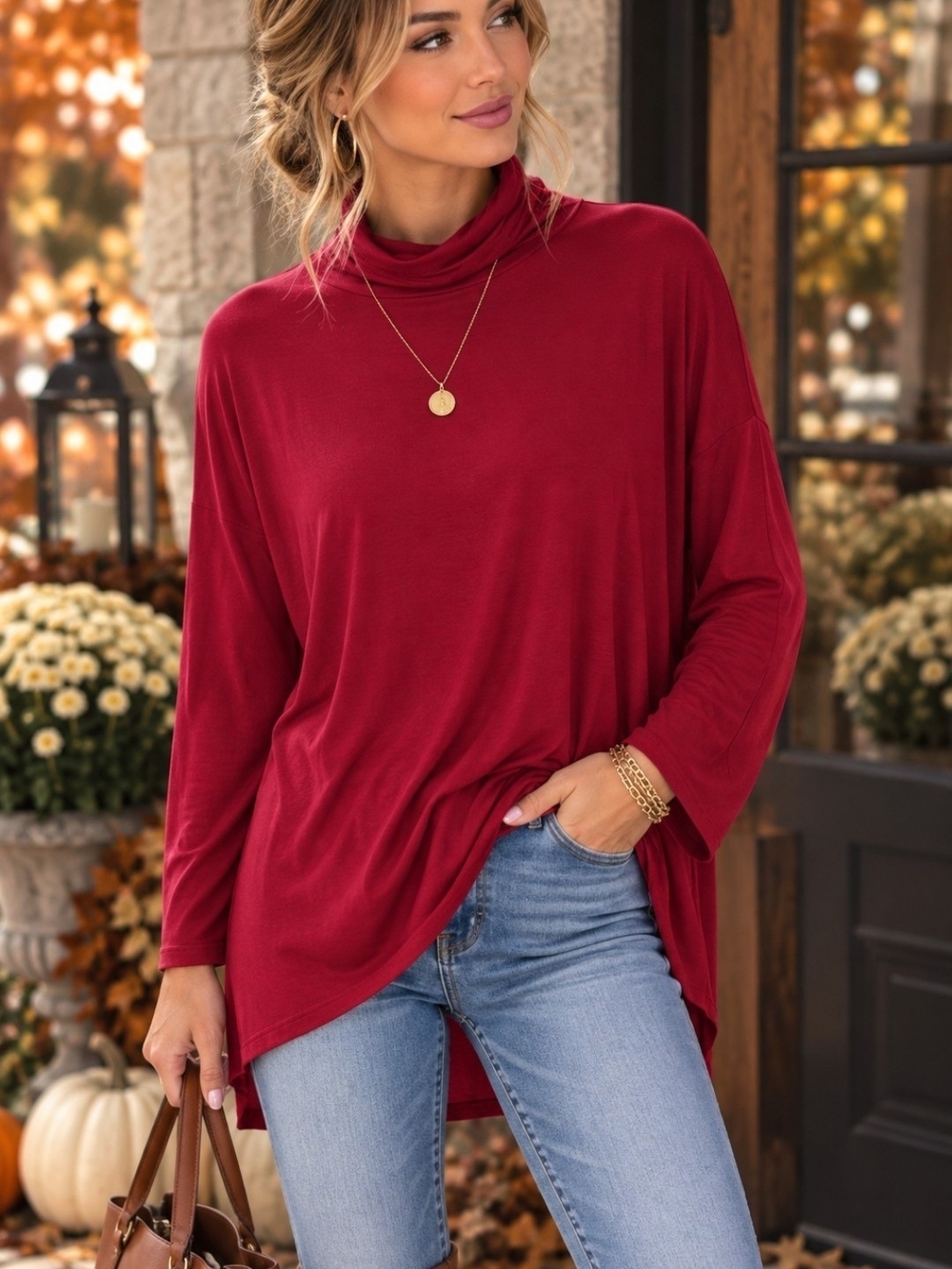 Red Cowl Neck Tunic Top Soft Modal Long Sleeve Holiday L Fall Christmas